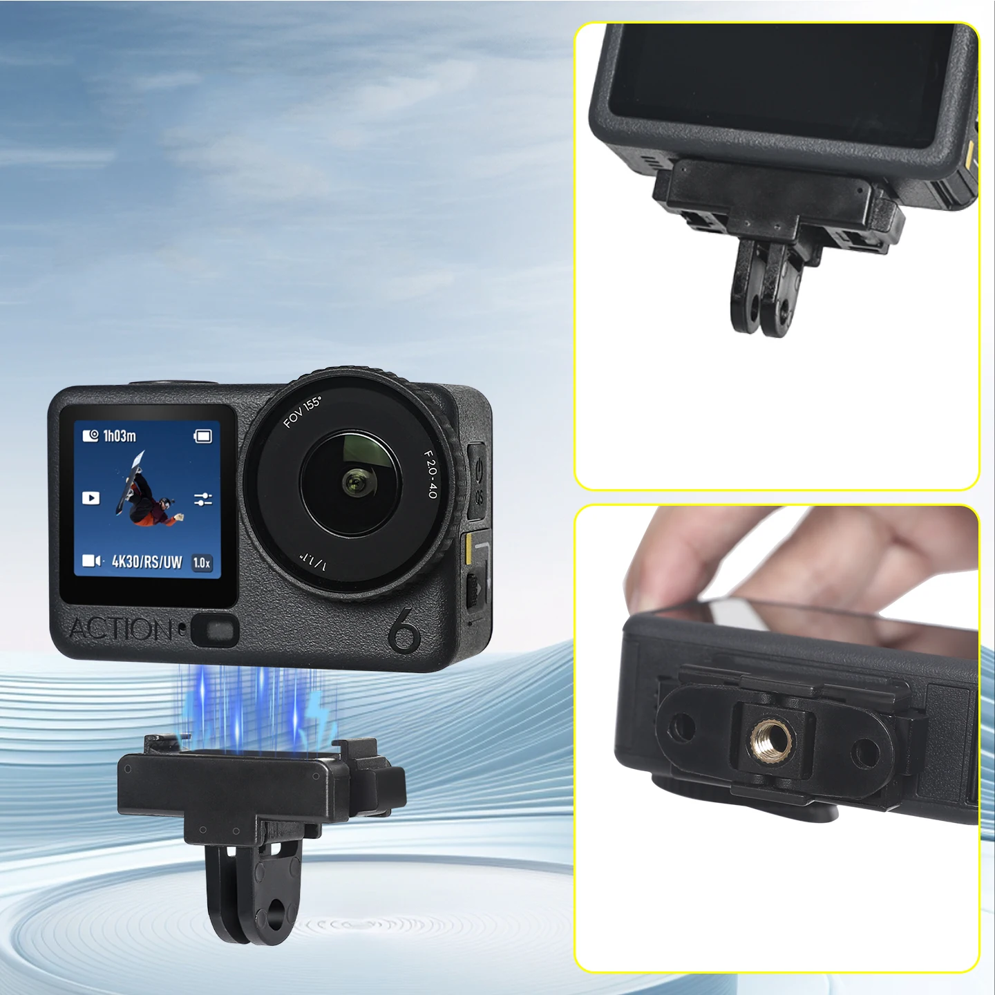 

for DJI Osmo Action 6 Magnetic Camera Mounting Base with 2-Claw Interface and 1/4inch Screw Hole Foldable Extension Mount