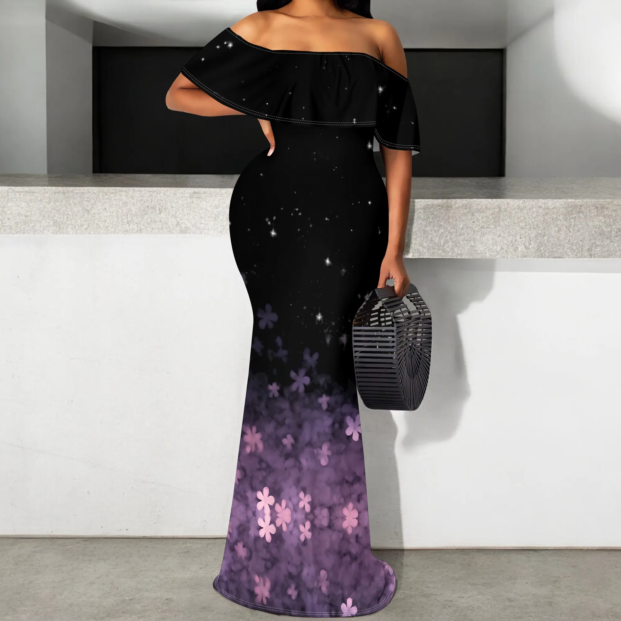

Starry Night Floral Maxi Dress S-3XL Off Shoulder Bodycon Style with Ruffle Top for Holiday Dinner, Gala or Romantic Night Look