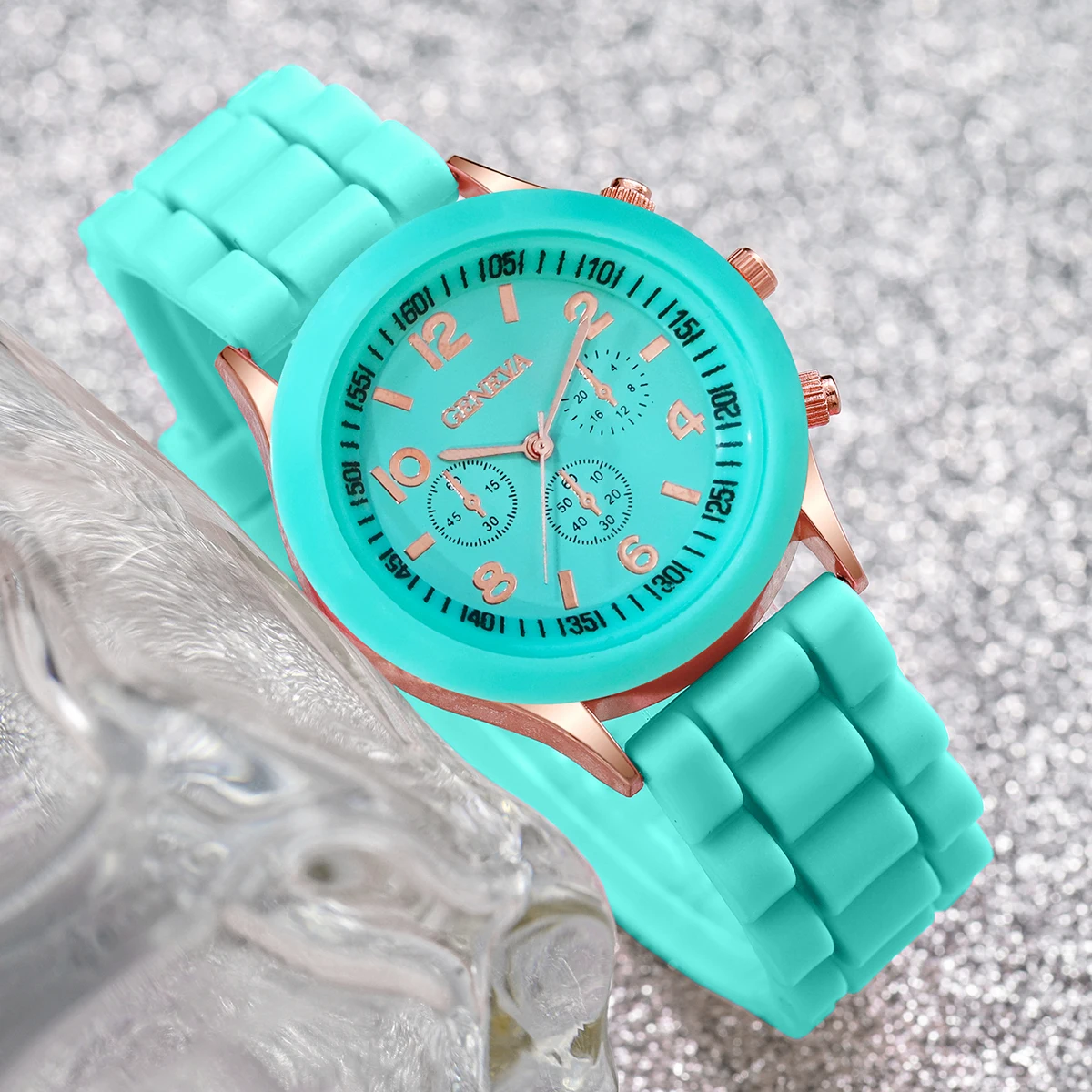 5pcs/Set Mint Green Fresh Fashion Watch Three Eye dial Silicone strap Quartz Watch Cat Eye Jewelry Set