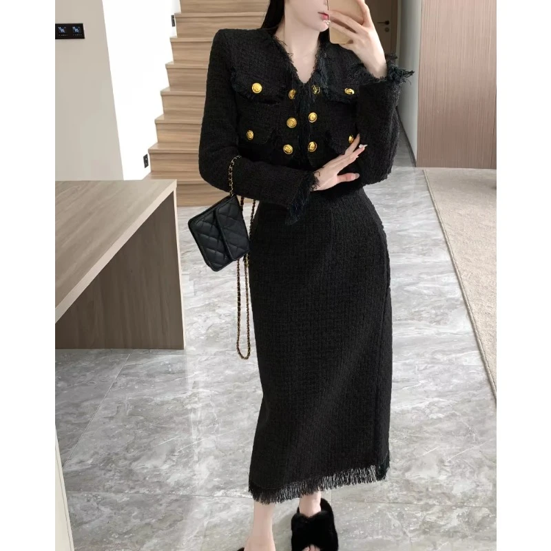 2 Piece Sets Women's Skirt Outfits Socialite Autumn 2025 French Long Sleeve Tassel Coat and High-end Slimming Long Skirt Suits