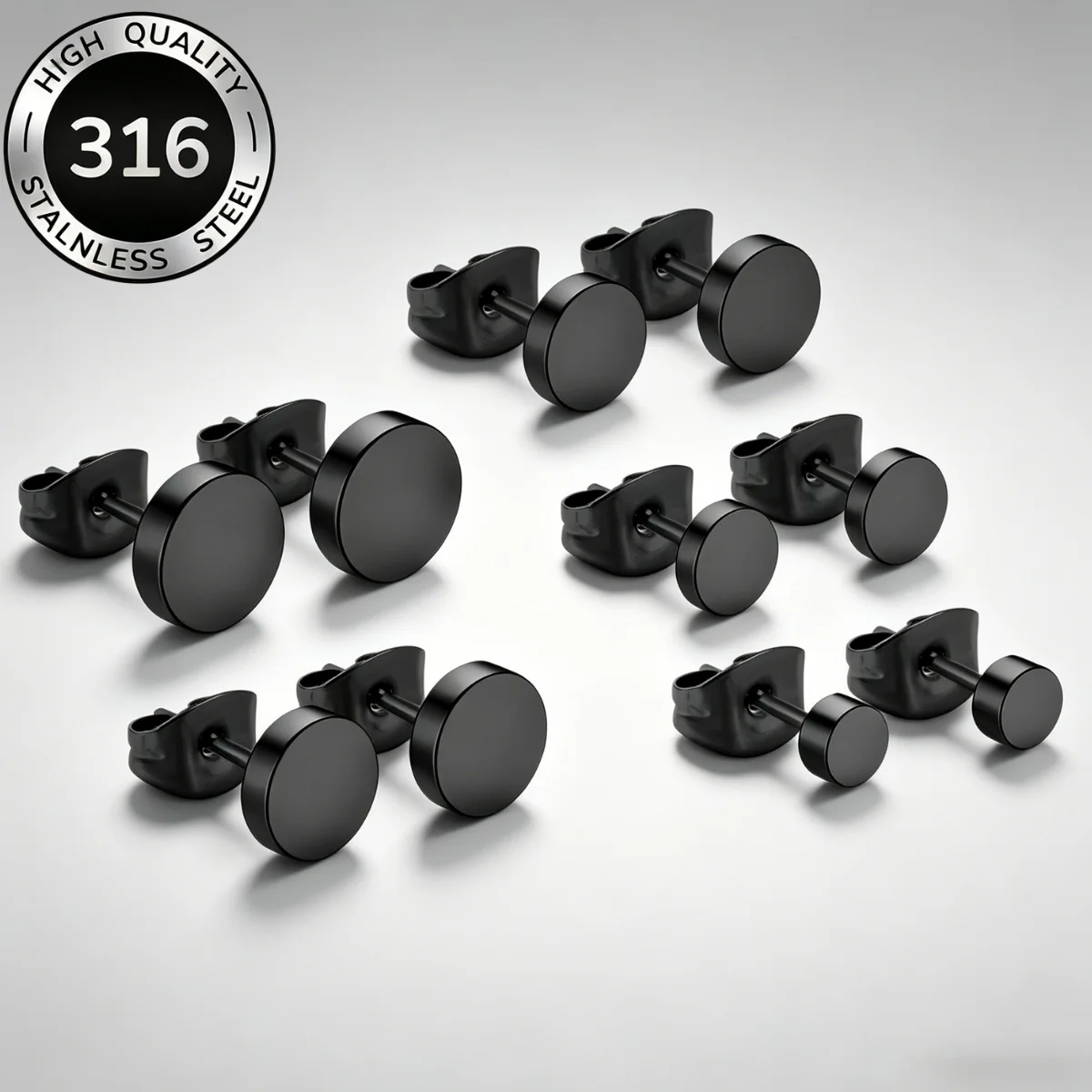5pairs 4/5/6/7/8MM Round Shape Stud Earrings Set Black Color Hip Hop Classic Piecing for Male Female Punk High Polish Jewelry