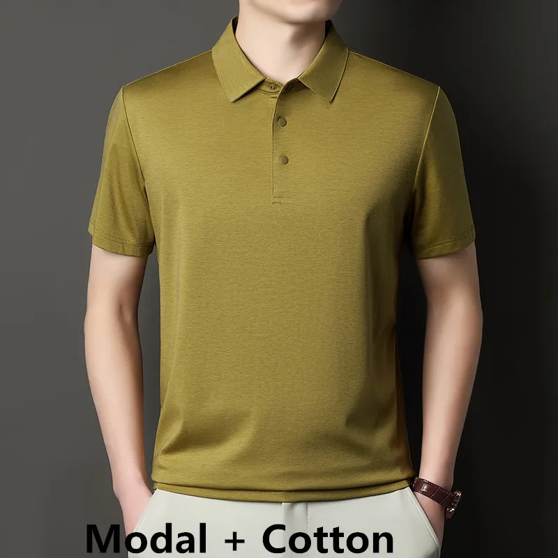 

Modal Cotton Men Clothes 2026 Summer Classic Solid Mercerized Cotton Polos Short Sleeve Tops Breathable Turn Down Collar T-shirt