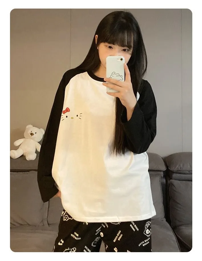 طقم بيجامة هالو كيتي النسائية القطنية للخريف والشتاء بأكمام طويلة ورقبة دائرية للاستخدام الخارجي، ملابس مريحة للمنزل