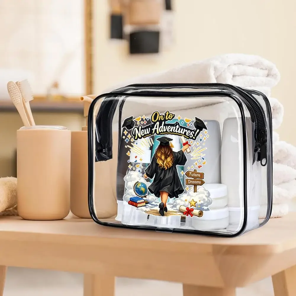 Clear PVC Graduation Gift Cosmetic Bag New Adventures Print Travel Makeup Organizer Portable Transparent Toiletry Storage Pouch
