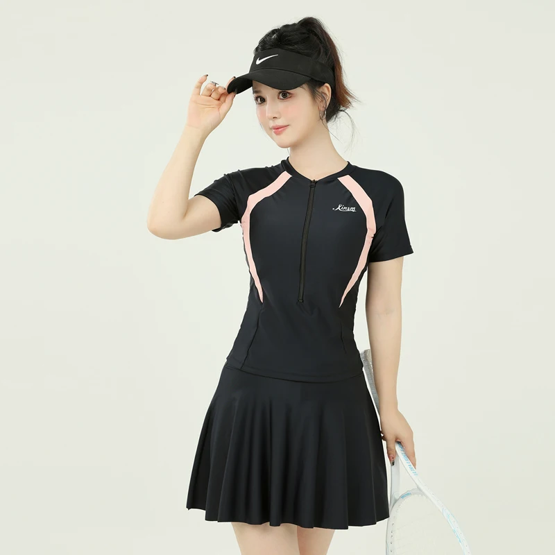 Plus Size Sport Women Split Swim Dress Short Sleeve Zipper Top Skirted Conservative Two Piece Swimsuit For Swimming Beach