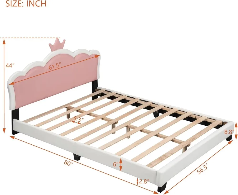 Full Size Princess Bed Frame With Crown Shaped Headboard For Kids,Upholstered Platform Bed With Slats Support,Full Girls