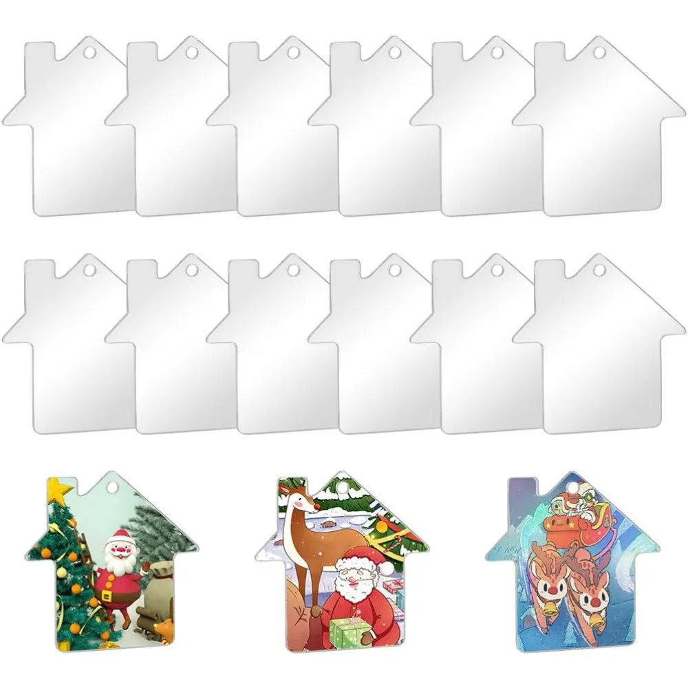 50 Uds. De adornos acrílicos en blanco, adornos navideños acrílicos, etiquetas de regalo en blanco, kit de fabricación de espacios en blanco de plástico transparente con forma de casa