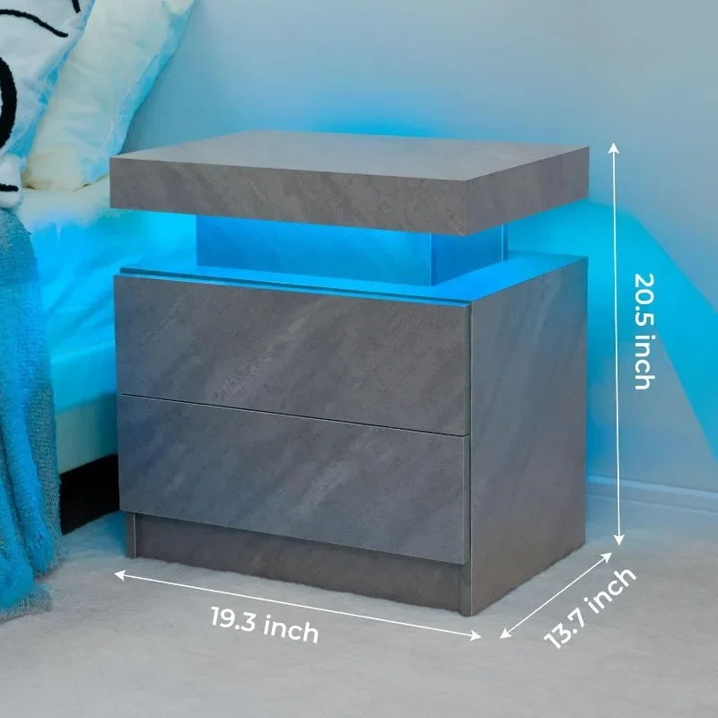 Grey Night Stand Set 2 Modern Bedside Tables with 2 Drawers Bedroom Night Stands Set of 2 LED Night Stand for Bedroom