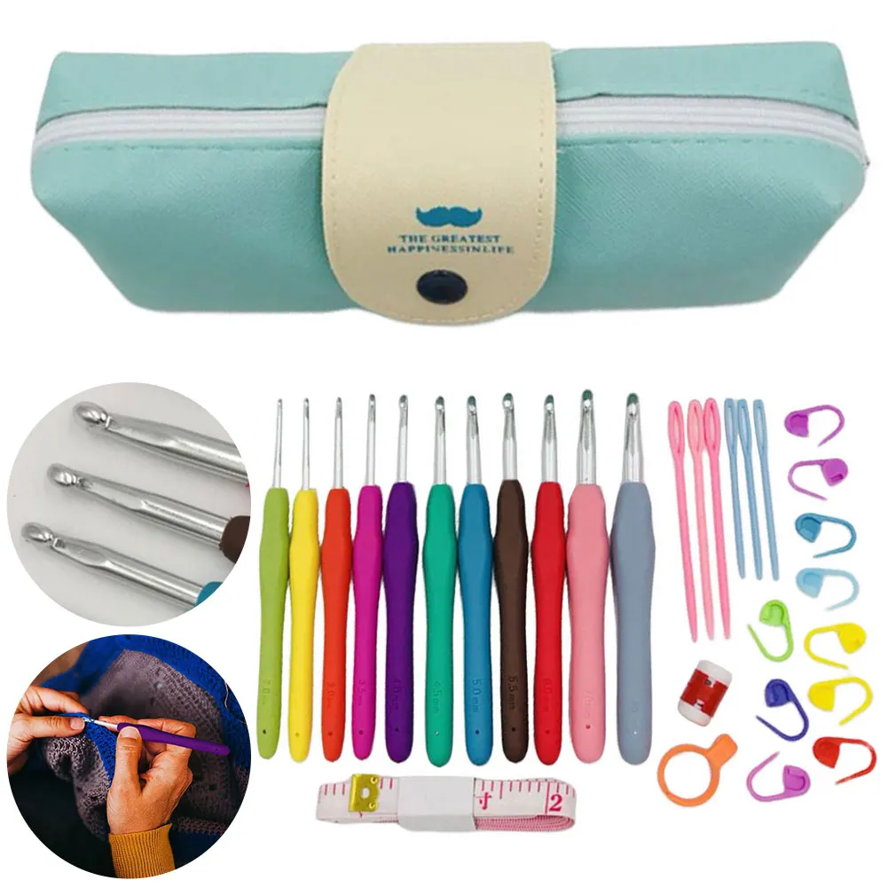 Häkelnadel-Set, Aluminium-Häkelnadeln mit Etui, farbenfrohes Häkelnadel-Set, ergonomischer Griff, als Geschenk für Mütter und Großmütter