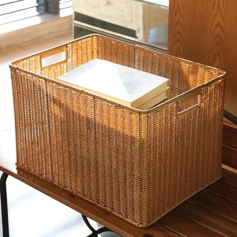 Japanese Simple Storage Basket, Large Imitation Rattan Laundry Baskets, Hollow-Out Design, Toy Basket, Two-Side Handle, Case