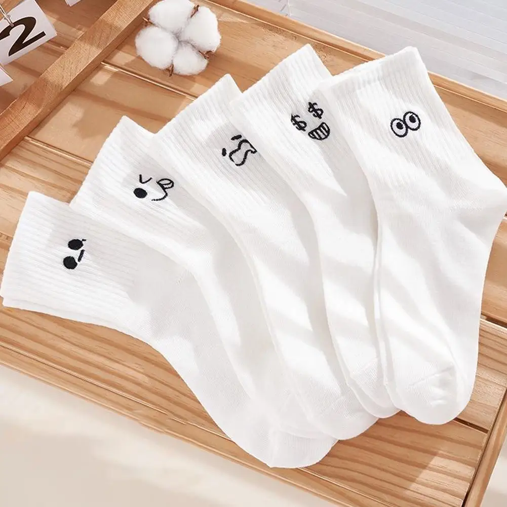 5pairs Cartoon Socks White Cute Funny Socks Mid Tube Fashionable Cute Expression Pattern Socks For Gifts