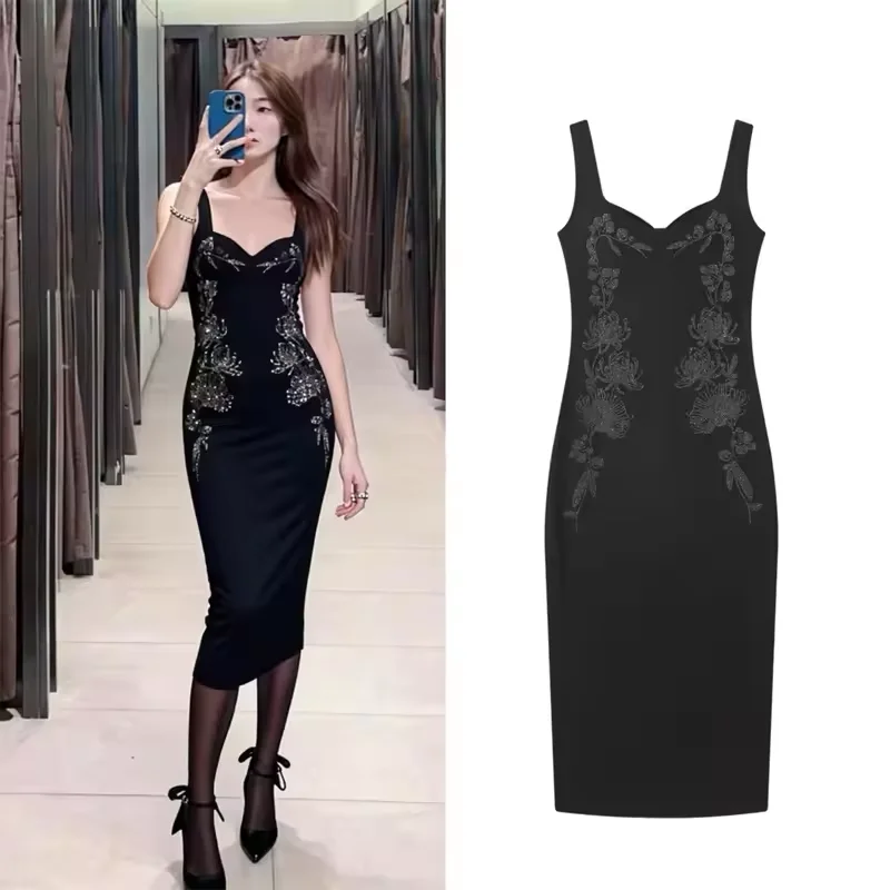 Sukienka midi damska na wiosnę i lato, błyszcząca, elastyczna, seksowna, z odkrytymi plecami, szerokie ramiączka, prosty dół, elegancka, szykowna sukienka midi dla kobiet.