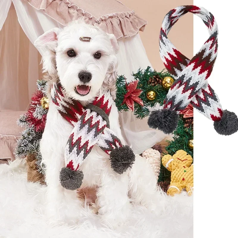 Christmas Dog Scarf Knitted Elk Scarf Striped Hair Ball Pet Scarf Cat Scarf Dog Scarf Pet Christmas Supplies Dog Accessories