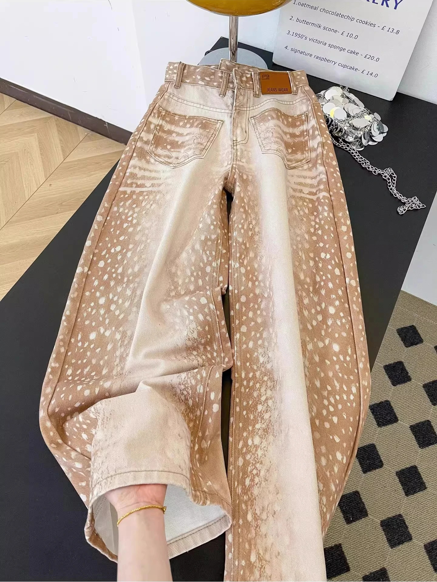 

Retro American Deer Pattern Wide Leg Jeans High Waist Loose Fit Women's Spring Autumn Denim Pants Personality Distressed Design