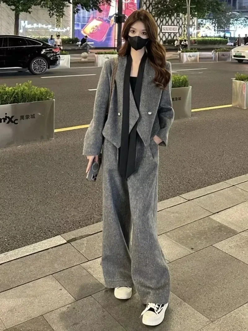 

MiiiiX офисный женский модный костюм с v-образным вырезом в стиле пэчворк, шерстяная куртка, пальто, свободные прямые широкие брюки, осенний женский комплект из двух предметов