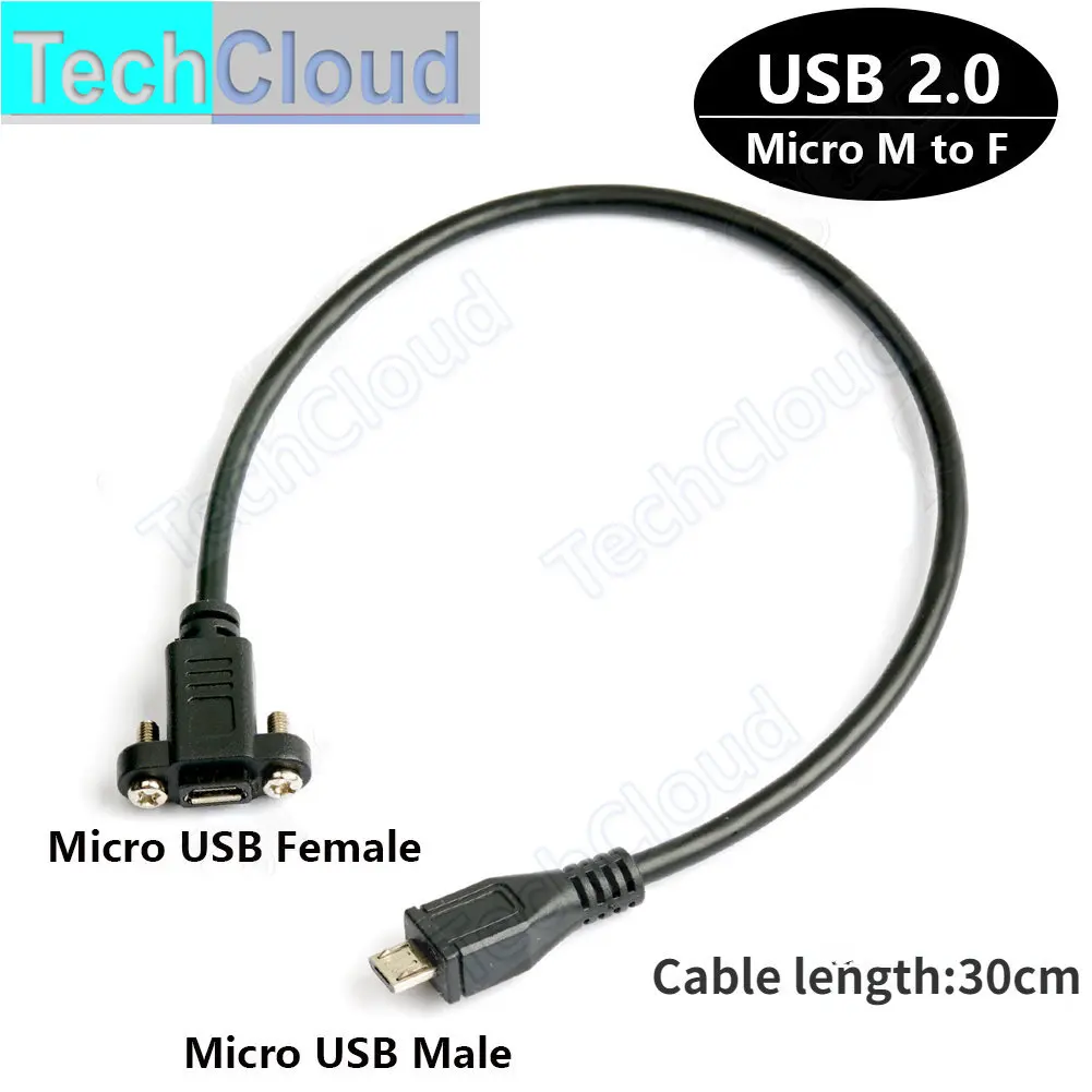 

30cm MicroUSB Male to Female Extension Cable with M3 screws hole,USB 2.0 Micro USB Pitch 17mm With screws Panel Mount Hole