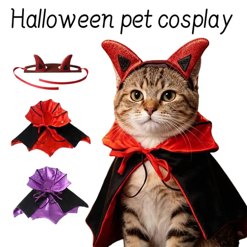 Halloween Pet Cat Vampire Cape Devil Horns Headband Cosplay Costume Cloak Dress Up Accessories For Small Dogs Kitten Party Props