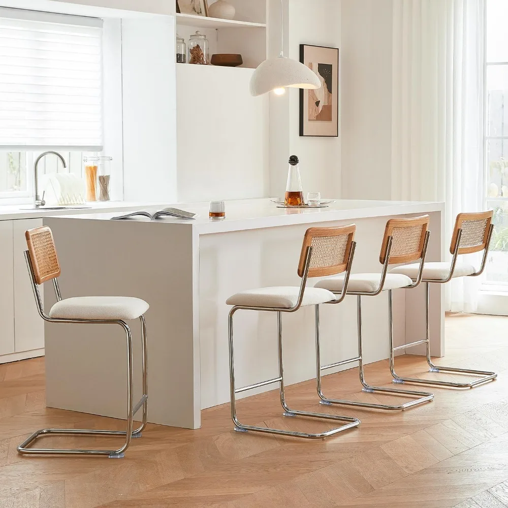Natural Rattan Counter Height Stools Set of 4 with Solid Wood Back, for Kitchen Counter with Chrome Metal Legs,White