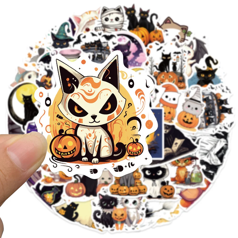 50pcs Halloween Cute Cat Stickers Pack Suitcase Ipad Phone Laptop DIY Sticker Vintage Journaling Materials Journal Accessories