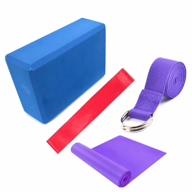 4pcs Yoga Set Yoga Brick Block Stretching Extension Latex Pull Resistance Loop Rubber Elastic Band Body Shape Lose Weight Set