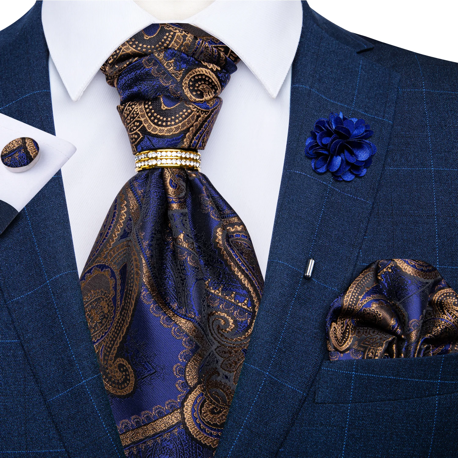 Fashion Men's Ascot Tie Silk Vintage Navy Blue Paisley Woven Cravat Tie Ring 5PCS Set for Wedding Man Scarves Gifts Accessories