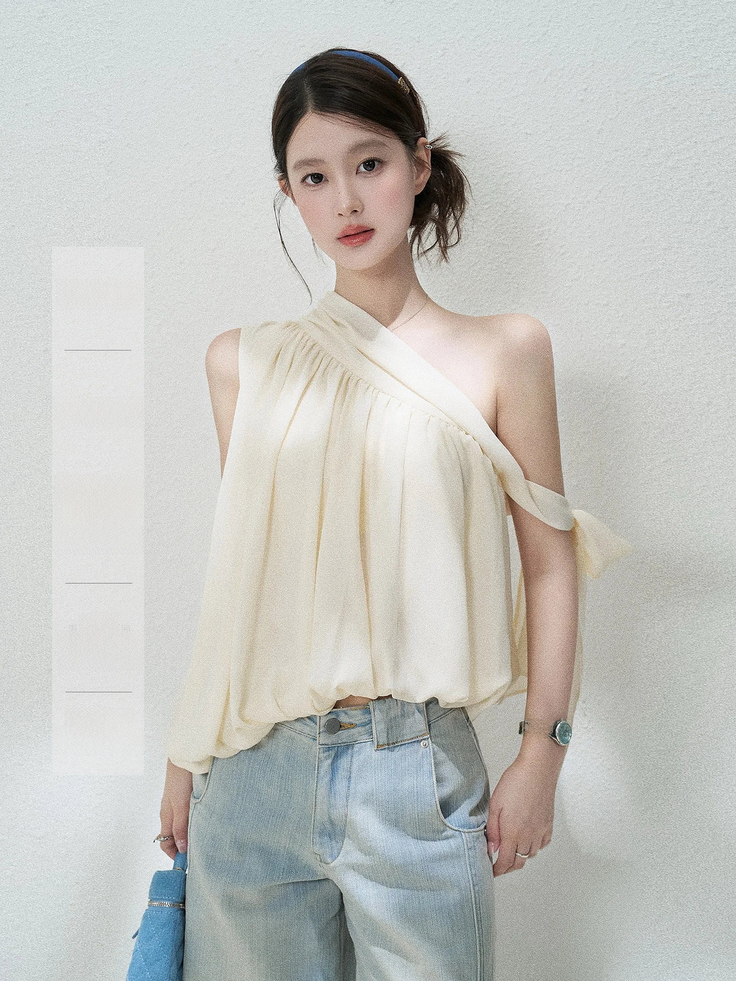 

Exquisite Asymmetrical Sash Chiffon Top Women Summer Wide High-End Feelings Shoulder-baring Elegant Style Short Length ...