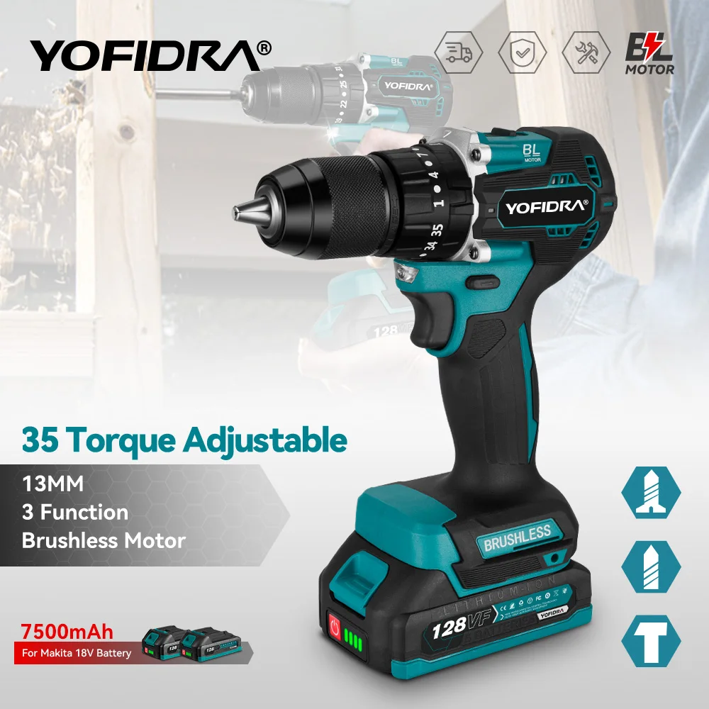 Yofidra 13MM 35+3 Torque Brushless Electric Impact Drill Cordless  Electric Screwdriver DIY Power Tool For Makita 18V Battery