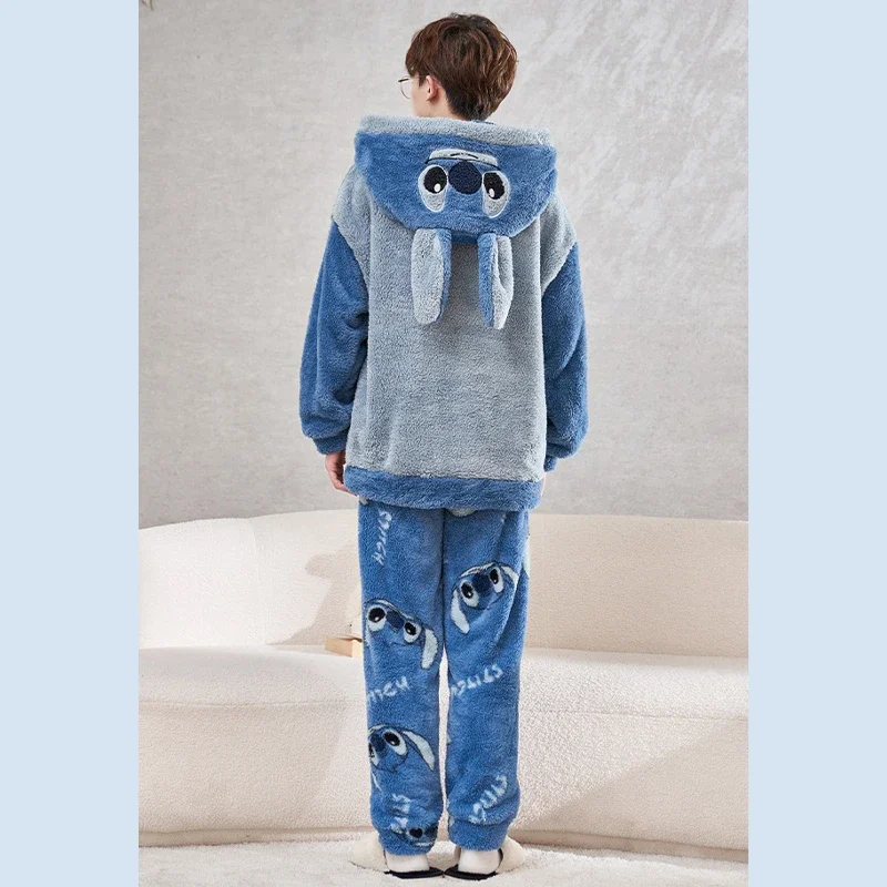 Disney Stitch Pooh Bear Winter Hooded Pajamas Set Men Women Pyjamas Cartoon Flannel Loung Sleepwear Couple Pijama Mujer Homewear