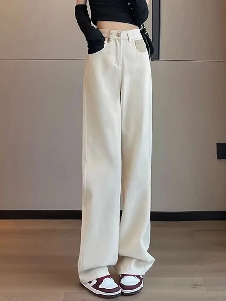 Beżowe, proste, eleganckie, postarzane jeansy damskie, nowość na wiosnę, klasyczne, z wysokim stanem, luźne, podstawowe, długie spodnie damskie z szerokimi nogawkami.