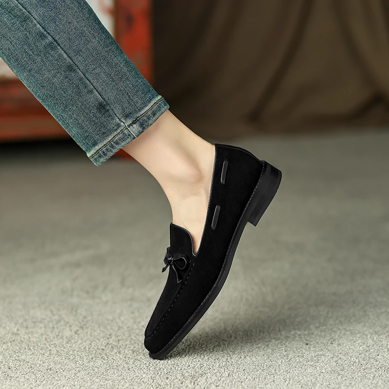 2023 Fashion Spring/Autumn Women Loafers Cow Leather Round Toe Chunky Heel Women Shoes Casual Bow-knot Low Heel Pumps for Women