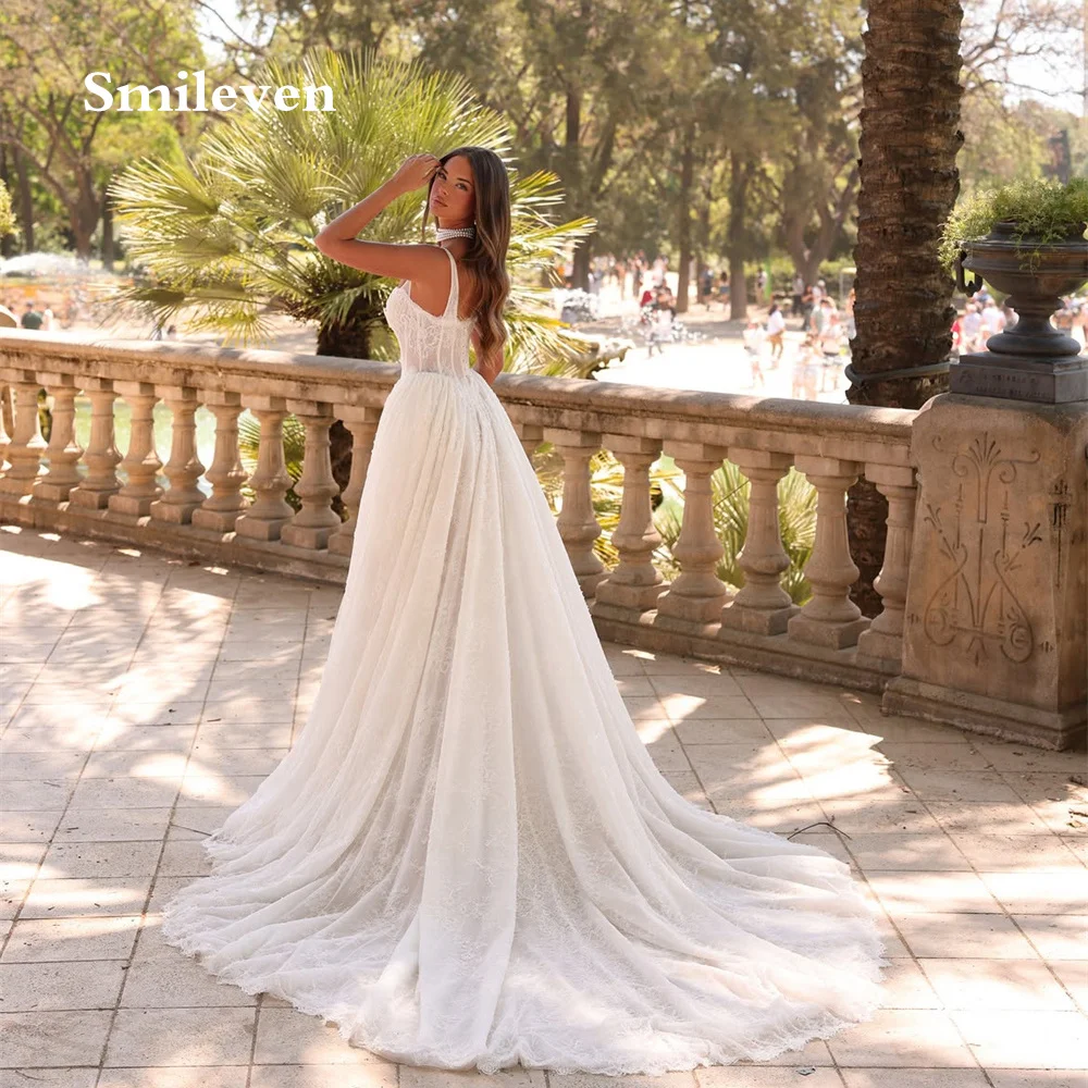 Smileven Ivory Lace Tulle A‑Line Wedding Dresses Square Neck Thick Strap Bridal Dress Lace Corset Bodice Gowns Customized 2026