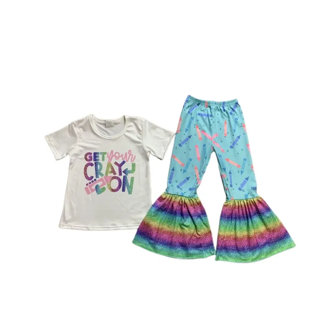 Lovely Kids Girls 2pcs Clothes Sets Letter Printed Short Sleeve T Shirts+Cow High Waist Bell Pants