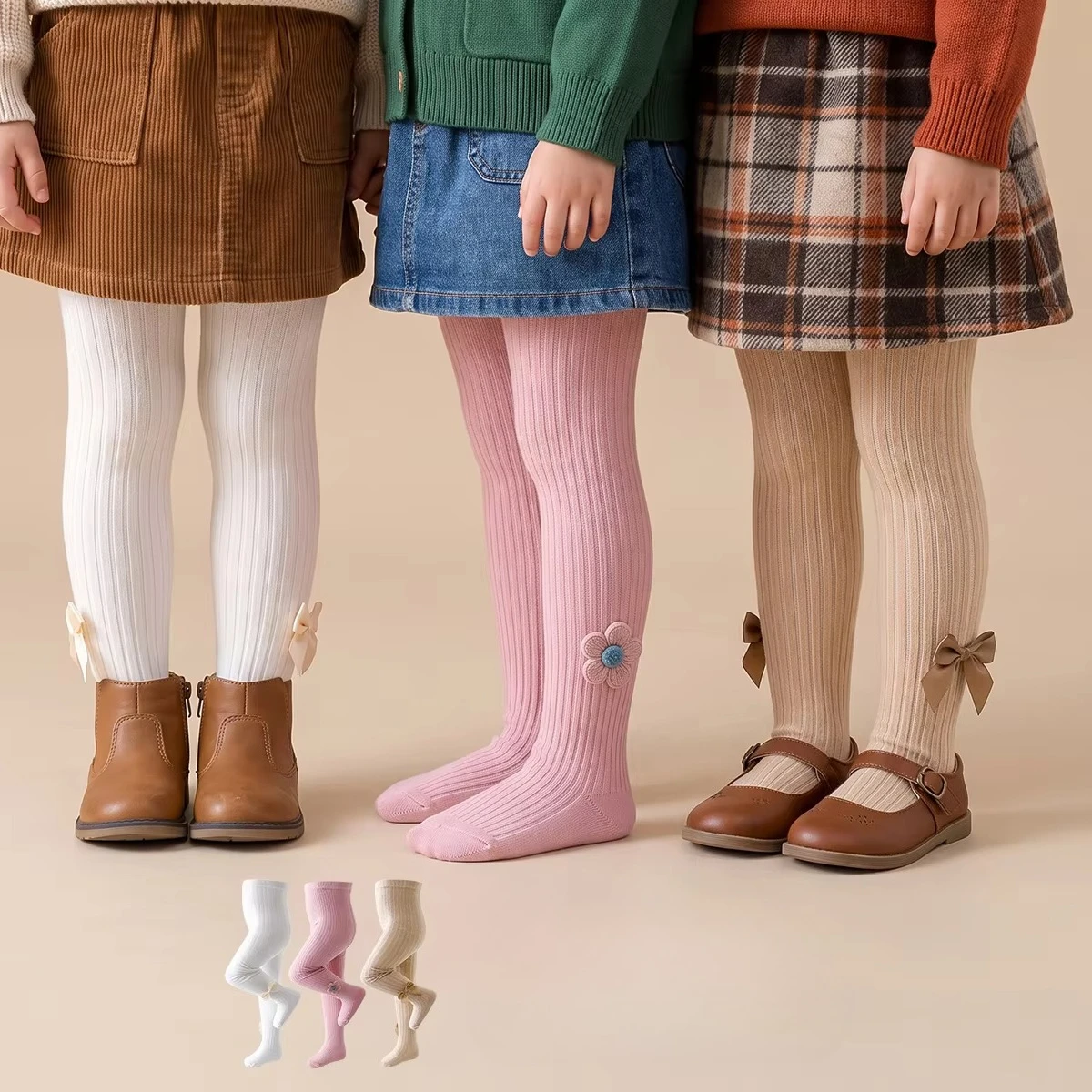 Kids Ribbed Tights for Girls Spring Autumn, High-Elastic Warm Slim Base Long Socks Flower Bow Versatile, for School Outdoo