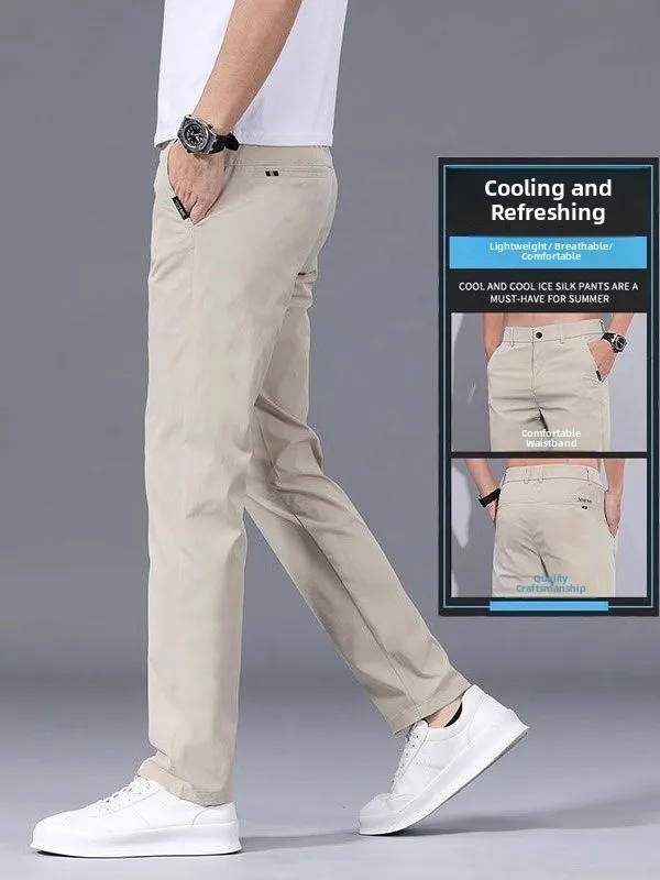 

New 2025 Men's Summer Ice Silk Thin Casual Pants Straight Leg Elastic Slim Qui Dry Versatile Busin Casual Long Trousers