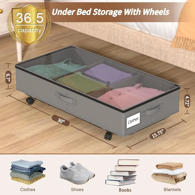 Bed Storage with Wheels - 2Pack Under Bed Storage Containers with Clear Lid and Handles, The Underbed Storage Bins Perfect