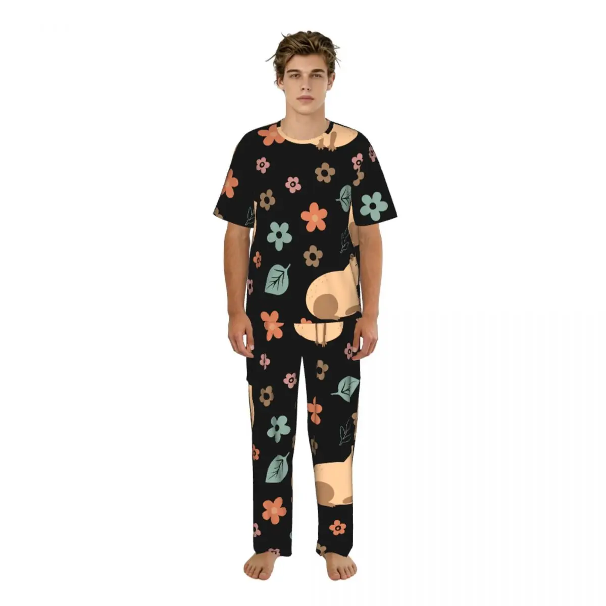 

Men's short-sleeved pajamas two-piece trousers Capybara With Flowers home wear suit sleepwear