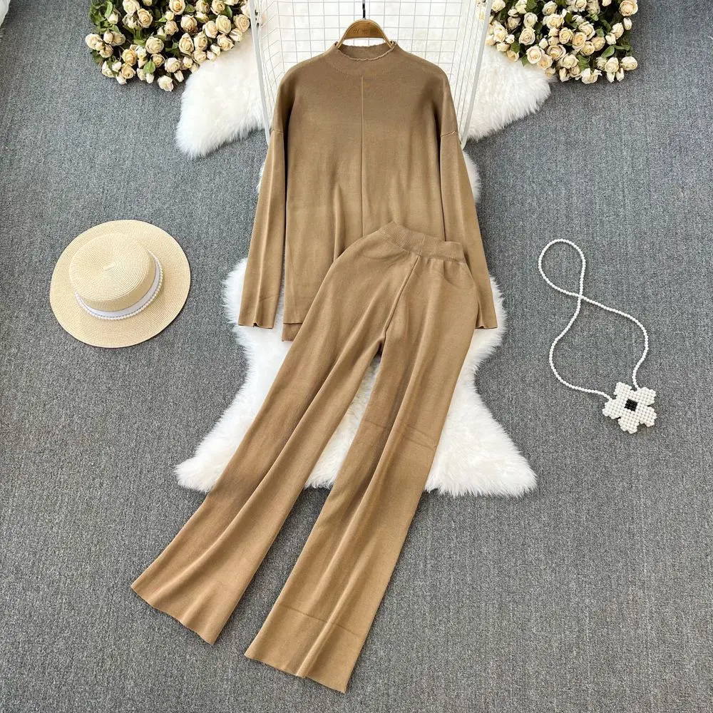 Fashionable women's round neck loose long sleeved fashionable knitted top+high waist slim straight leg wide leg pants