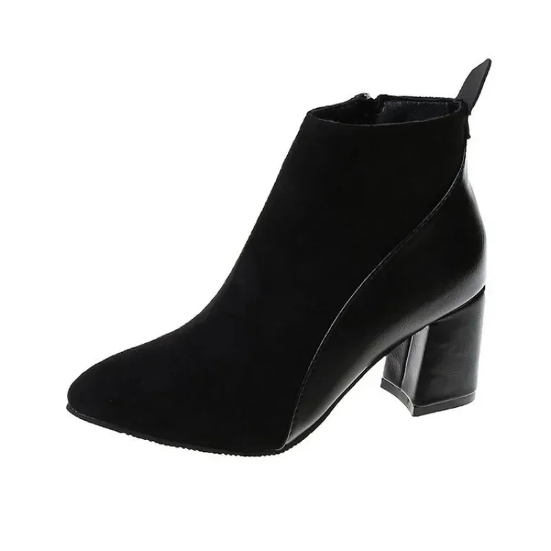 2024 Autumn/Winter Women Ankle Boots Pointed Fashion Short Suede Panel Side Zipper Thick Heels Women\'s Shoes Large 44