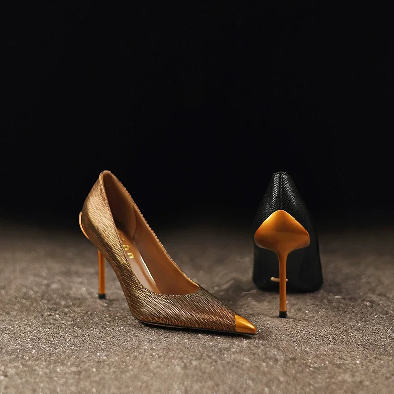 Autumn new pointed shallow mouth genuine leather shiny single shoe banquet dress metal slim heel high heels women's shoes