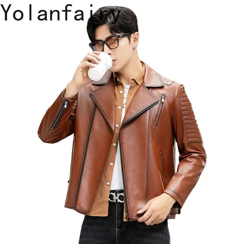 

YOLANFAIRY The First Layer Cowhide Leather Jacket Men Suit Collar Fashion Genuine Leather Coat Man Motorcycle Jackets chaquetas