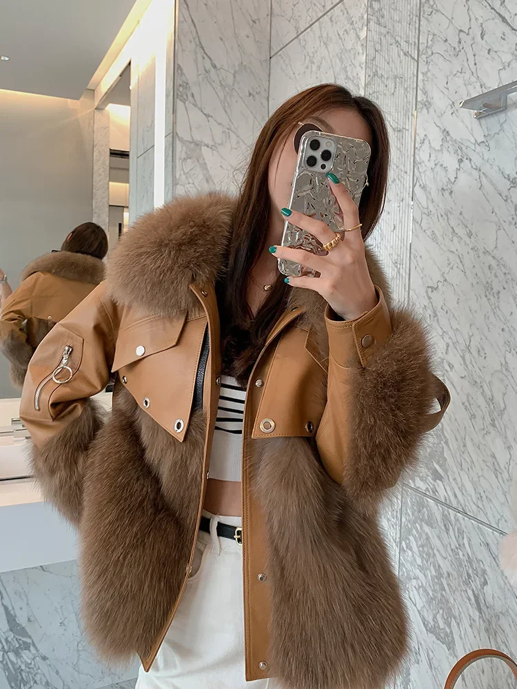 Tcyeek Winter Warm Real Fur Coat 23 Women\'s Genuine Leather Jacket Sheepskin Patchwork Fox Fur Coats Woman Fashion Loose Jackets