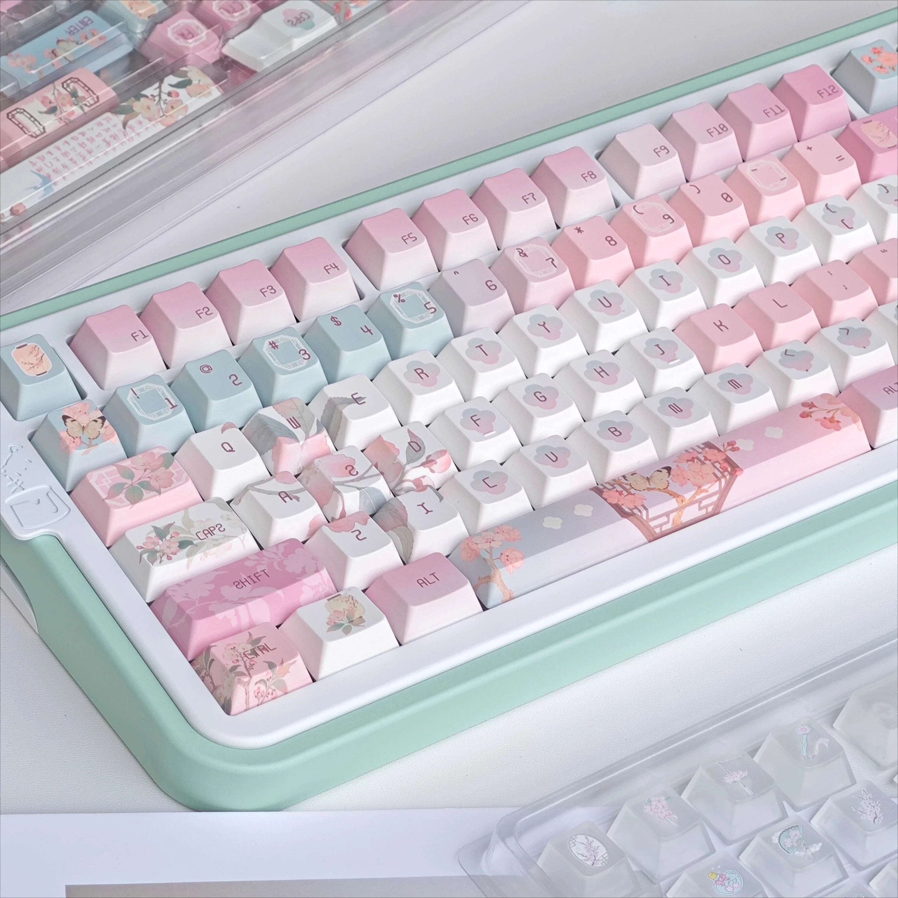 

Клавиши MAIMOOO Keycap Begonia Sleepless в китайском ретро-стиле, розовые и зеленые, PBT PC Cherry, матовые, с подсветкой