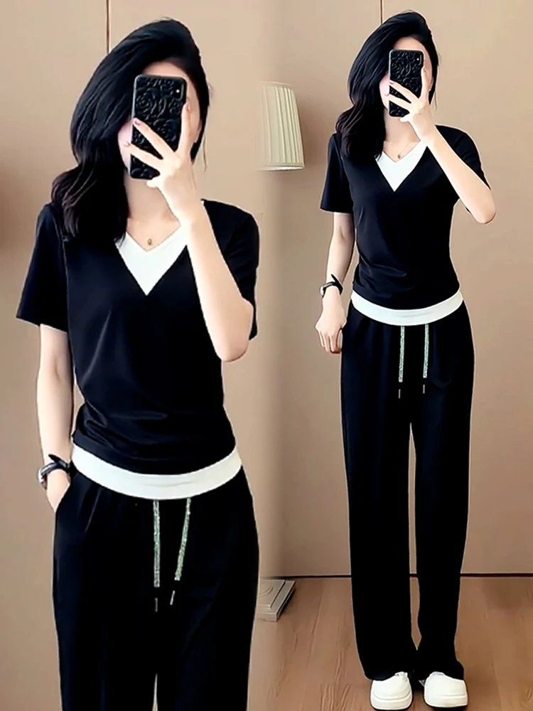 Damski letni zestaw sportowy, nowy, luźne spodnie z szerokimi nogawkami, dwuczęściowy komplet, dekolt w serek, bawełniane długie spodnie.