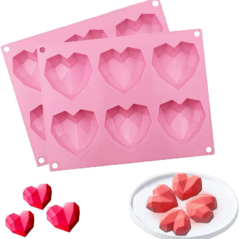 6-Cavity Diamond Heart Silicone Mold for Baking Non-Stick Valentines Day Chocolate Bomb Mold Heart Shaped Candy Soap Tray