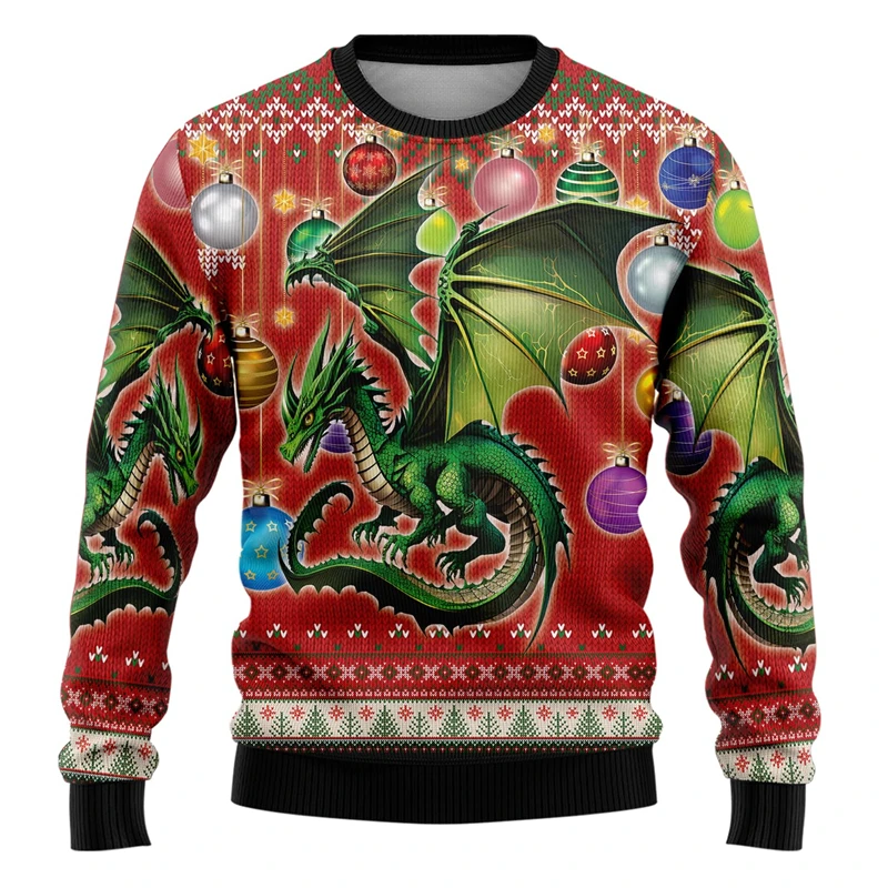 

Retro Dragon Pattern Ugly Christmas Sweater Fashion Autumn Holiday Wear 3D Printed Sweatshirts Casual Oversized Pullovers Tops