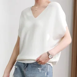 Solid Color Loose Women's Clothing Batwing Sleeve Tops Ladies Temperament Pullovers Interior Lapping Summer Knitting T-Shirts