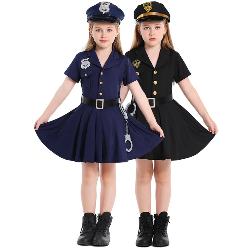 

New Halloween costume for children, a deep blue and black female police officer dress for girls' cosplay career experience