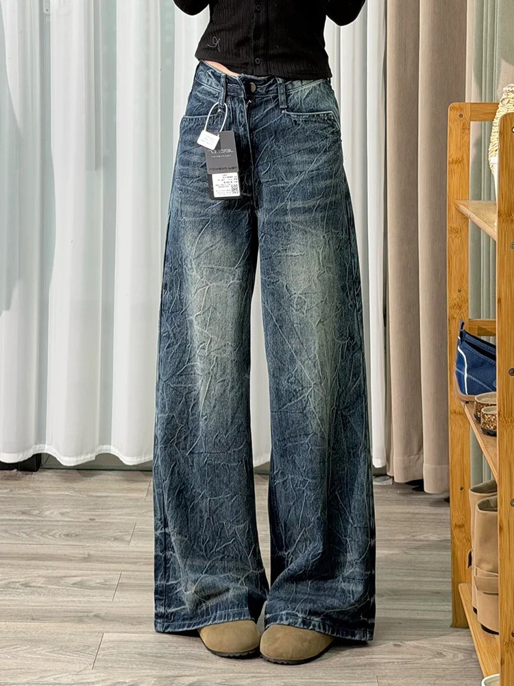 

Large Size Blue Vintage Crack Design Women's Loose Washed Wide Leg Draping Slim Straight Floor-Length Jeans Casual High Waist...