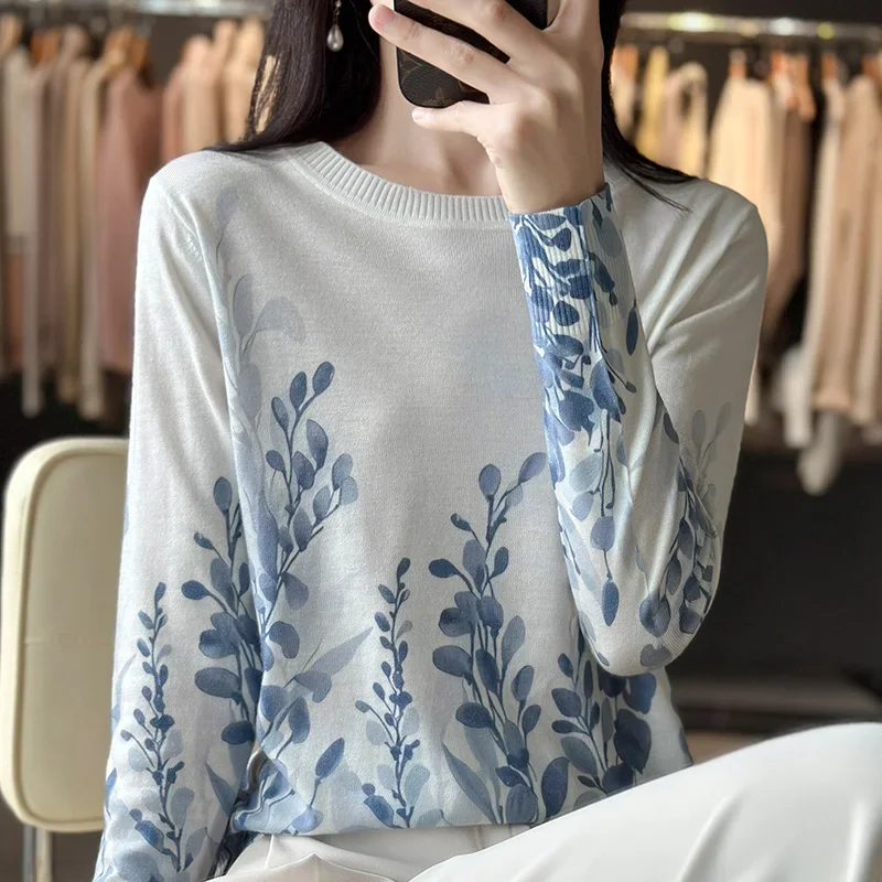 Autumn And Winter New Worsted Wool And Mulberry Silk Printed Round Neck Sweater Fashion Joker Knit Loose Bottoming Shirt Top