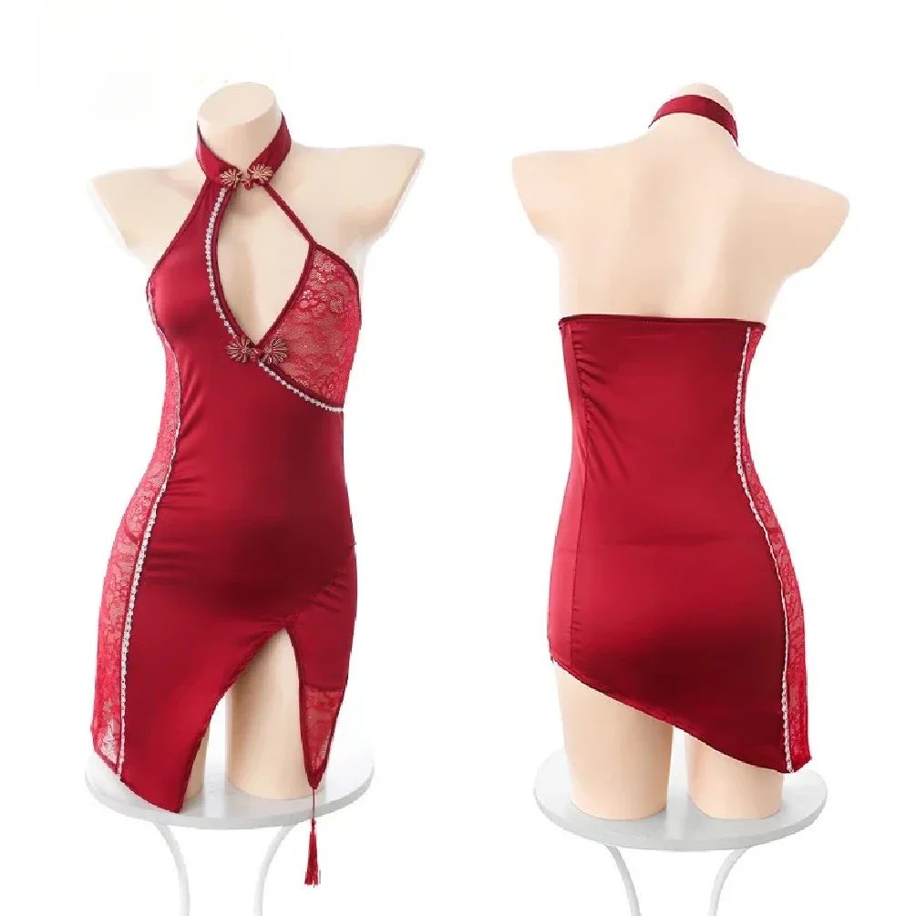 Irregular Splicing Satin Lace Cheongsam Babydoll Sexy Qipao Dress Traditional Chinese Uniform Cosplay Erotic Teddy